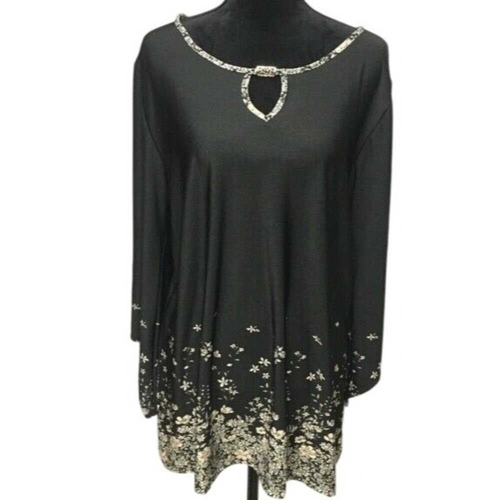 Jon & Anna Tunic Top Womens Small Black Beige Long Floral Border Keyhole shirt